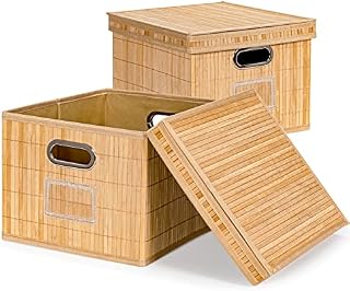 Multigot Bamboo Storage Box with Handles & Lid, 41 x 34 x 26cm, Set of 2 Folding Container Basket, Home Office Collapsible Organiser Units for Living Room Bedroom Kitchen Bathroom (Natural)
