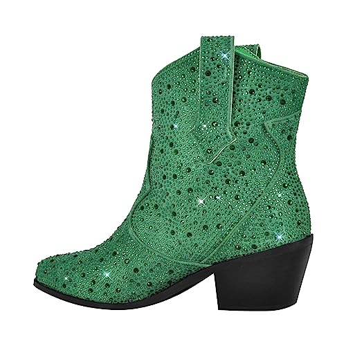 richealnini Sparkly Rhinestones Cowboy Cowgirl Stacked Heeled Ankle Boots with Tab Wedding Party Dressy3