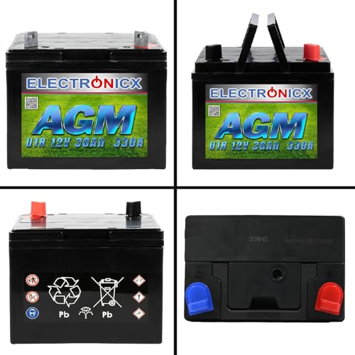 Rasentraktor Batterie AGM Batterie 12V 30Ah AGM Akku für Rasenmäher Batterie 30 Ah Aufsitzmäher Rasenmähertraktor Plus Rechts U1R 330A Starterbatterie