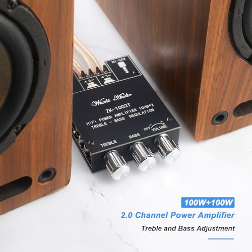 Image of ZK-1002T 200W Bluetooth Amplifier Board, DC 9-24V, BT and AUX Inputs, 2.0 Channel Stereo AMP Board with Treble and Bass Control for DIY Wireless Speakers