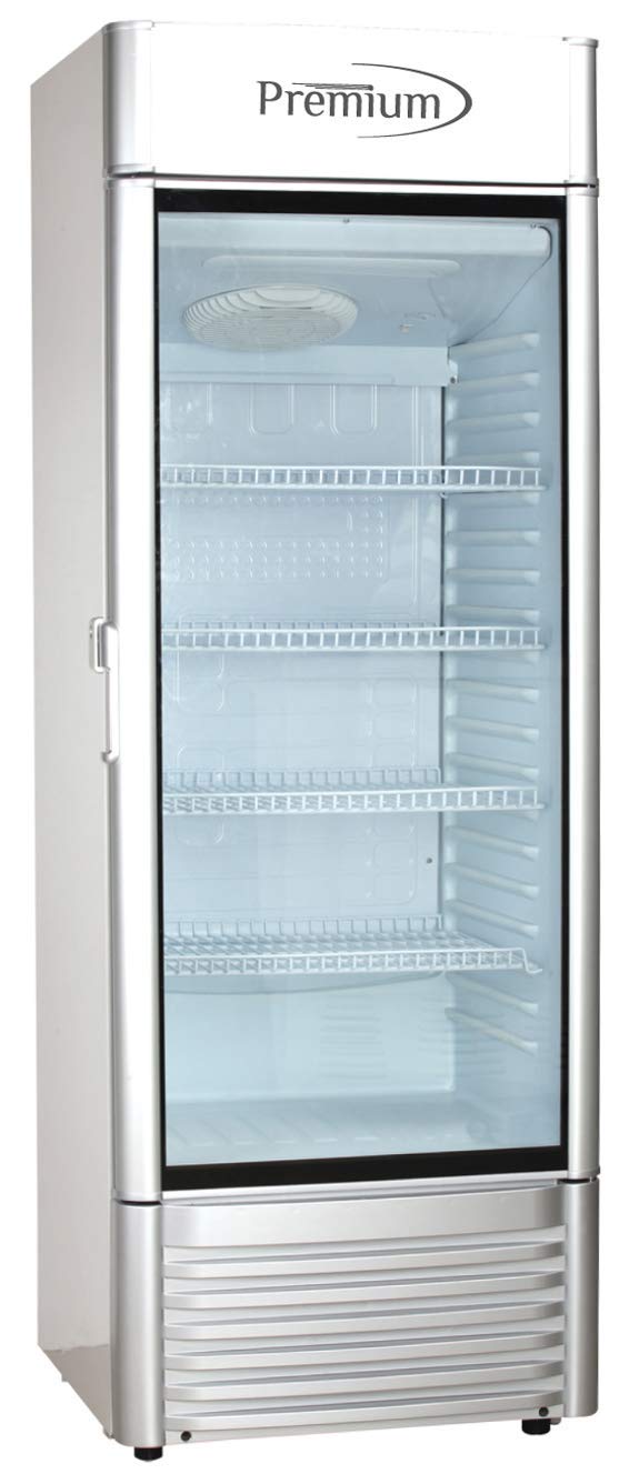 Premium PremiumLevella PRF90DX Glass Door Display Refrigerator 9.0 cu ft Commercial Beverage Cooler Merchandiser With Customizable Lightbox - Silver