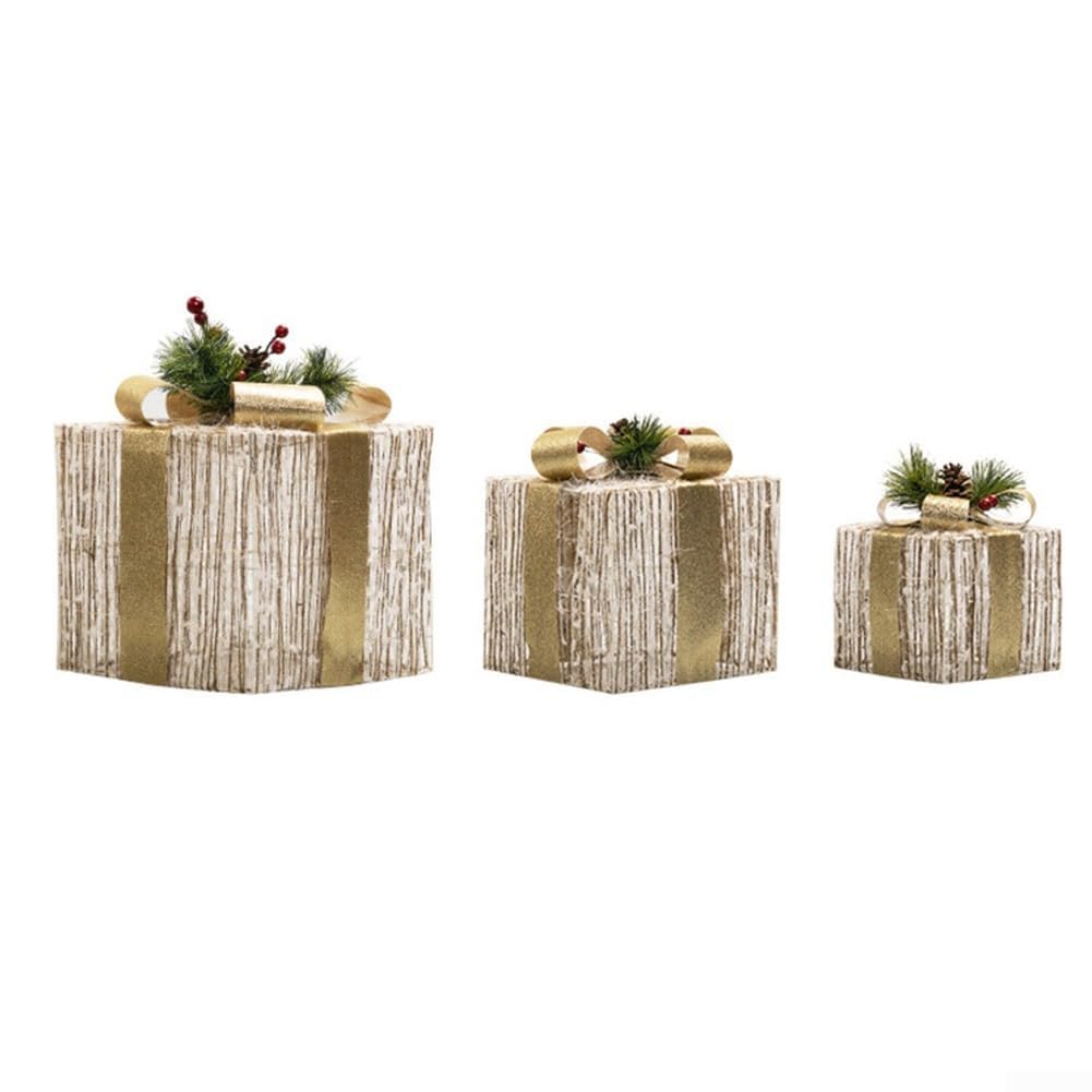 Set di 3 scatole regalo di Natale illuminate con materiale felpato e nastro argentato per decorazioni natalizie (luminose)