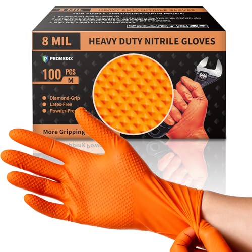PROMEDIX P Heavy Duty Nitrile Gloves with Diamond Texture 8 Mil Non-Medical Disposable Glove Latex Free Powder Free Industrial -Orange,L