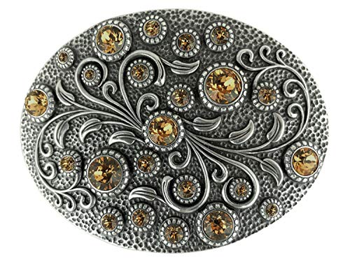 Rhinestone Crystal Belt Buckle Antique/Brass Oval Floral Engraved Buckle (Lt Col Topaz)