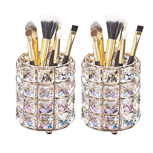 AiLa Makeup Brush Holder Organizer Golden Crystal Bling Personalized Gold Comb Brushes Pen Pencil Storage Box Container (2 Pack Golden)