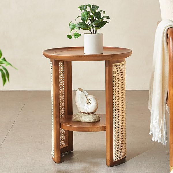 Wooden Bedside Table with Cane Panels and Open Shelf, Walnut Finish Round Side Table for Bedroom, Living Room, Sofa Side, Night Stand, End Table and Home Decor-image-28