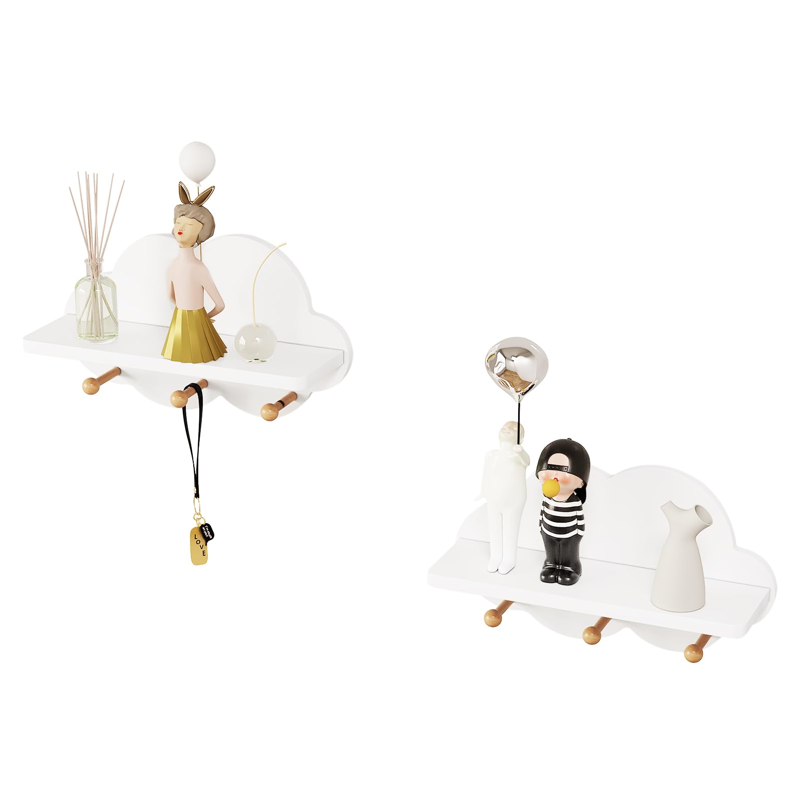 WOLTU 2er Set Wolkenregal, Kinder Garderobenhaken, Wandregal mit Haken, Hängeregal, Schweberegal weiß, schwebendes Regal für Kinderzimmer, Wanddeko, 36x12x20,5 cm