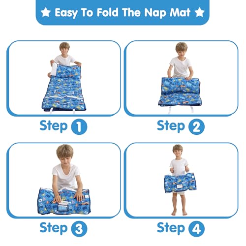 Image of Viviland Toddler Kid Nap Mat for Preschool, Boys Blue Car Slumber Bag, Daycare Bag with Pillow and Blanket, Kindergarten Mat