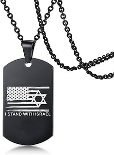 Support Israel Jewelry, I Stand with Israel Necklace, Stainless Steel America Flag with Star of David Pendant Chain, Jewish Patriot Gifts for Men Women