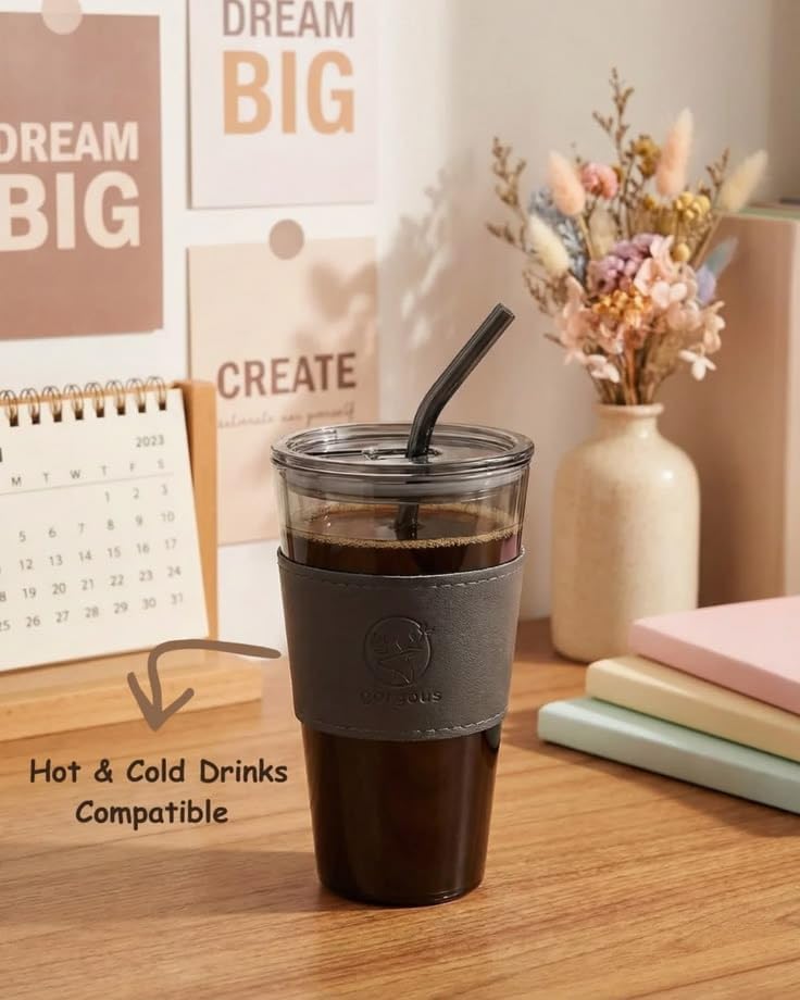 Image of Stylish Glass Tumbler with Lid and Glass Straw 400ML Coffee Tea Milk Mug with Leather Sleeve for Home Office and Traveling (Black Big Custom)