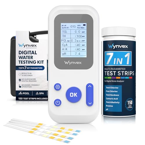 Digital Pool Water Test Kit with Digital Reader Wynvex 7-in-1 Water Testing for Chlorine Bromine pH Alkalinity & More Includes 150 Test Strips for Pools