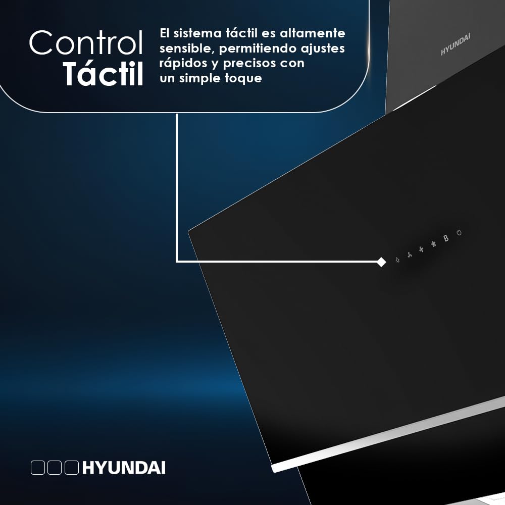 Hyundai Campana Extractora Inclinada 90cm Cristal negro HCPD900AN. Potencia 253m3/h, Tiro Doble, 4 Velocidades, Control Táctil, Filtro apto para Lavavajillas.