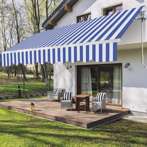 Randaco Store Banne Manuel 350 x 300 cm Bleu Blanc, Auvent à bras articulé pour balcon, Réglage d'angle (0-30 °), Anti-UV et imperméable,...