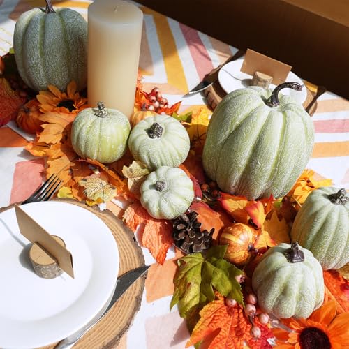 Image of Winlyn 7 Pcs Assorted Sizes Artificial Green Pumpkins Decorative Green Whitewashed Faux Foam Pumpkins for Halloween Thanksgiving Farmhouse Fall Autumn Harvest Home Mantel Table Centerpiece