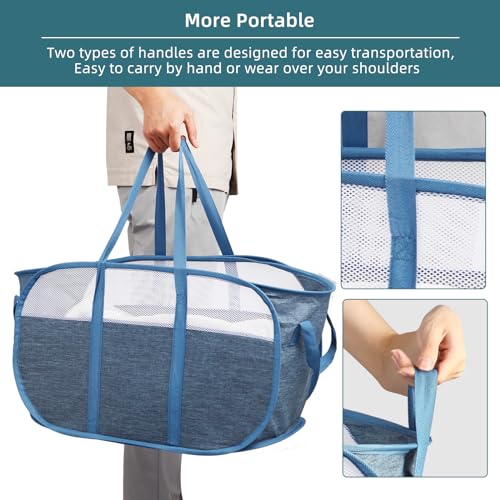 Image of 2 Pcs Collapsible Laundry Baskets, Tear Proof Pop Up Laundry Hamper with Dual Handles, Durable Foldable Laundry Basket, Easy to Carry Laundry Hamper for Home, Laundry Room, Bedroom, Dorm, Travel Blue