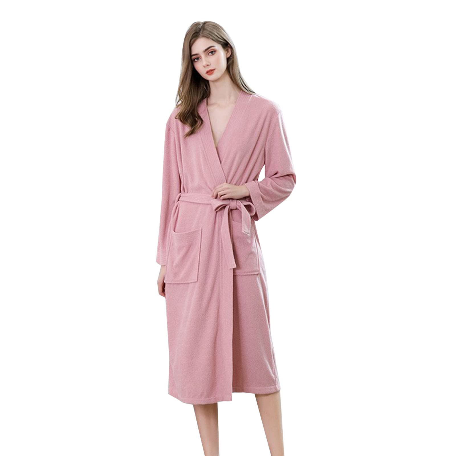 Accappatoio da donna, lungo, elegante, invernale, leggero | Accappatoio da donna senza cappuccio, in spugna di cotone, caldo, con scollo a V, morbido e confortevole