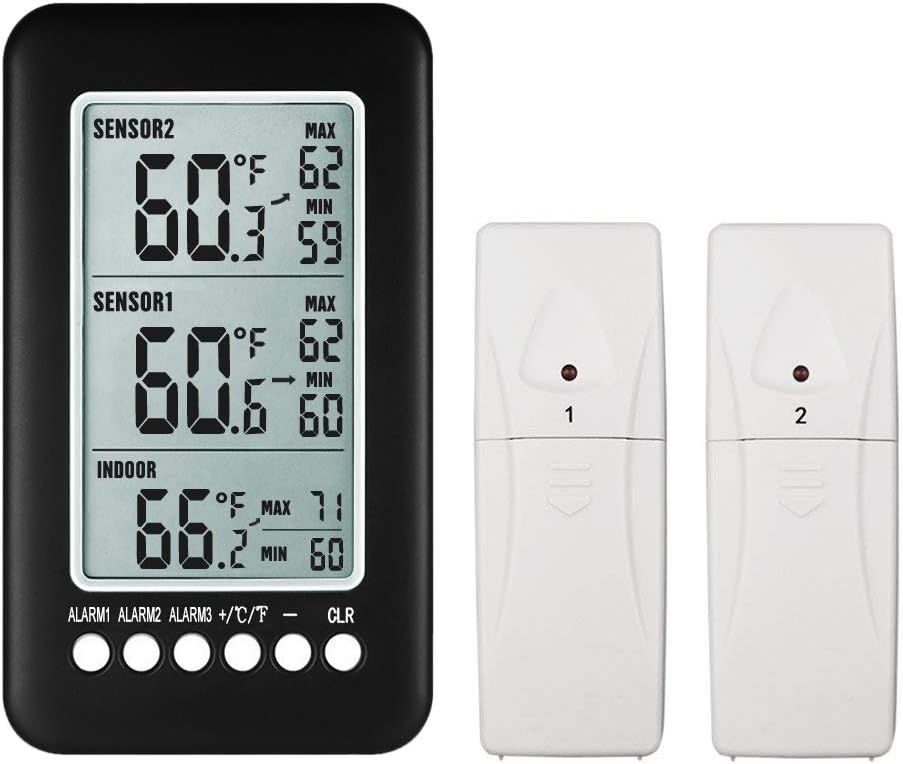 NeKan LCD Digital Wireless Indoor Outdoor Thermometer Clock Temperature Meter With Transmitter Refrigerator Thermometer for Home Comfort (two sensors)