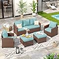 VONZOY Patio Furniture Set, 5 Pieces Outdoor Sectional Sofa Couch with Chairs, Ottomans and Thick Cushions, All Weather Wicker Rattan Patio Conversation Set Light Blue