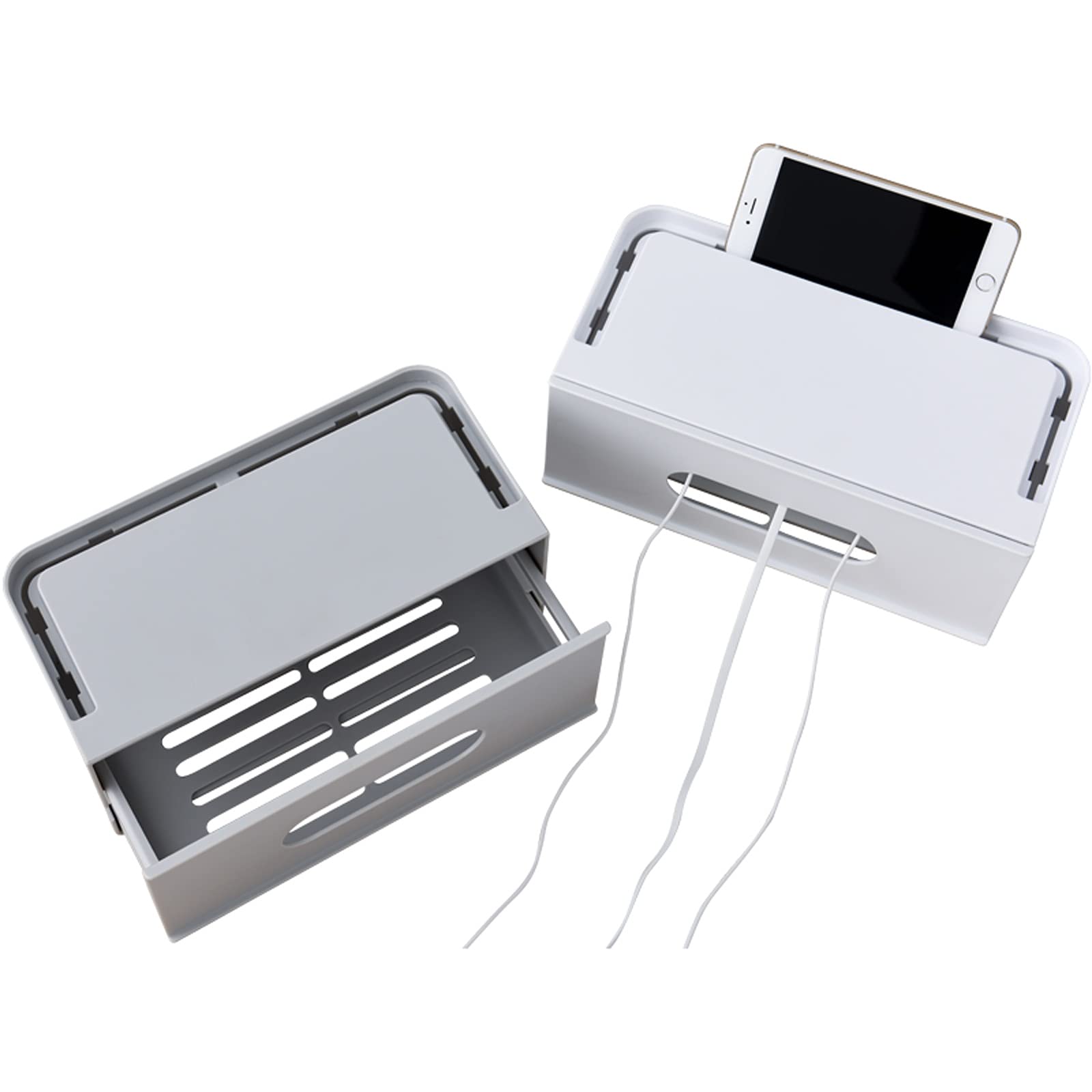 Kabelmanagement-Box Abnehmbare Kabelmanagement-Boxen Organizer Haushaltskabel Netzstecker Aufbewahrungsbox Kabel-Organizer-Box mit Telefonständer, Weiß/Grau Kabelaufbewahrungsbox (Color : Grey)