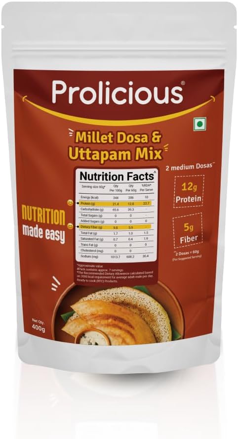 Prolicious 2X Protein Millet Dosa & Uttapam Mix| High Protein & High Fiber Breakfast | Plant based Protein | Just add water | 400 grams