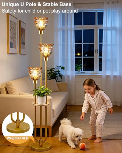 Image of Lightdot Glass Floor Lamp for Living Room Mid Century Modern Gold Floor Lamp with Amber Glass Shade 3000K Bulbs Included Tall Standing Lamp with 5Lbs Heavy Base for Bedroom /Sofa Beside /Corner Decor