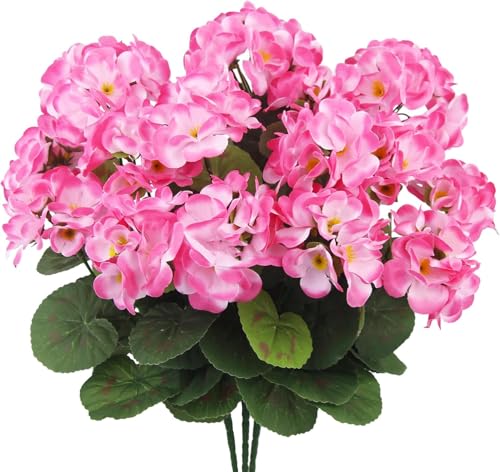 RioBeryo 6 Bundles 15' Artificial Geranium Fake Flowers for Outdoor Decoration - Fake Silk Faux Plants UV Resistant for Front Door Planter Outside Balcony Yard Porch Garden Patio Home Decor(Pink)