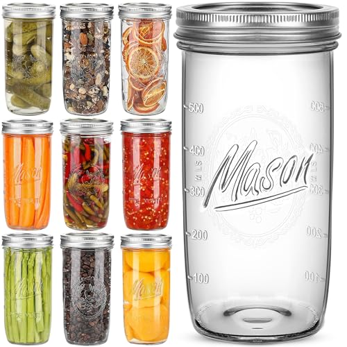 Mason Jars Wide Mouth 24oz, 10 pack Glass Pickle Canning Jars Food Storage With Airtight Mason Jar lids and Bands for Canning, Preserving, Fermenting, Pickling for Microwave/Freezer/Dishwasher