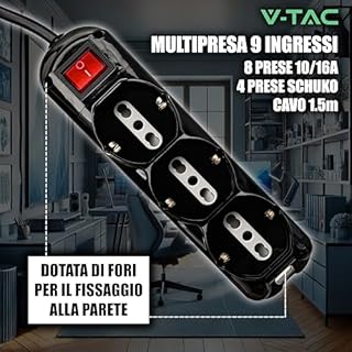 V-TAC Multipresa Elettrica Nera 9 Posti con Interruttore e Cavo 1,5mt - 6 Prese Laterali 10/16A Bipasso e 3 Frontali 10/16A Bipasso Shuko - Ciabatta per Casa, Ufficio - Spina 16A - Nero