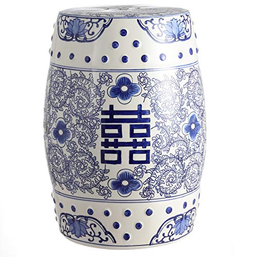 JONATHAN Y Double Happiness 18" Ceramic Garden Stool, Traditional Chinoiserie Blue and White Indoor/Outdoor Patio Drum Accent Side Table and Plant Stand TBL1013A by JONATHAN Y - Used condition - US$64.67
