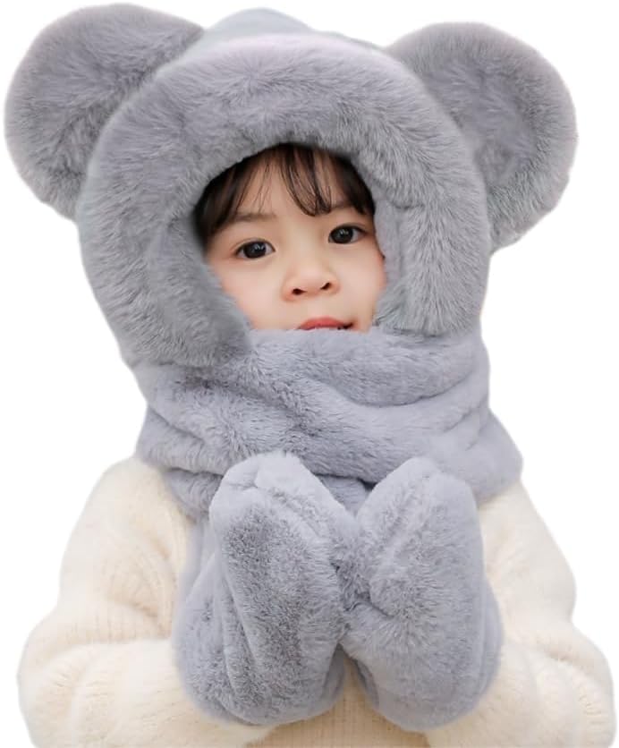 Kids Winter Plush Beanie Hat Scarf Gloves 3 in 1 Set Warm Cute Faux Fur Long Hoodie Earflap Scarf Mitten Gift for Girl Boy
