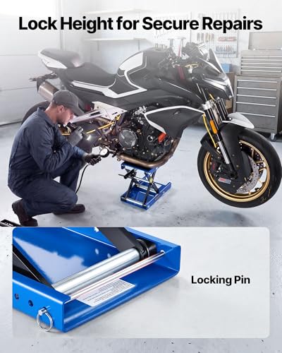 Image of VEVOR Motorcycle Lift, 1100 lbs Motorcycle Scissor Lift Jack with Wide Deck & Lock Pin, 3.74 inch-13.38 inch Center Hoist Crank Stand, Steel Scissor Jack for Street Bikes, Cruiser Bikes, Touring, Blue /Black