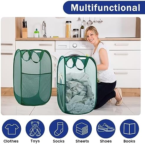 BOSNONA Mesh Pop Up Laundry Hamper 2 Pack Laundry Baskets with Side Pocket Portable Collapsible Laundry Basket for Bedroom Bathroom Dorm Room (2 Pack Vertical - Green)