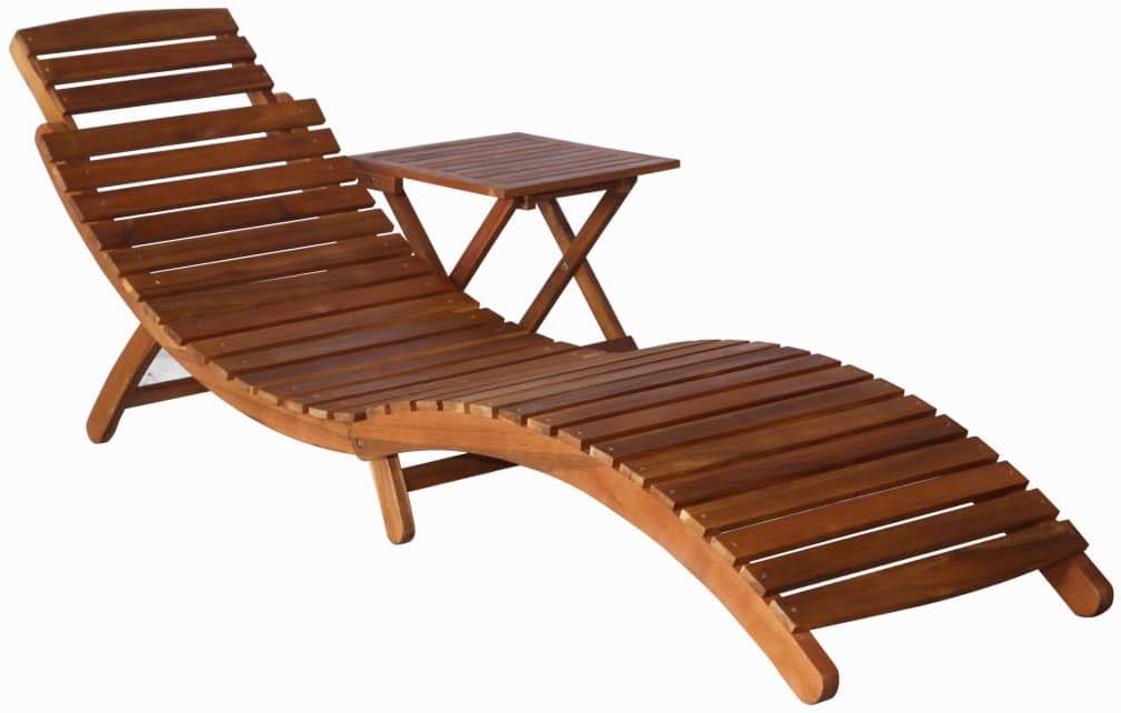 Chaise Lounge Outdoor in Weatherproof Acacia Wood for PatioPool or Spa I Sun Lounger Chair ?for Sunbathing Folding Solid Teak Sunlounger with Table Brown
