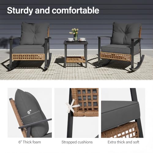 Image of LAUSAINT HOME 3-Piece Rocking Bistro Set, Outdoor Patio Furniture with Thick Cushions and 2-Tier Coffee Table, Oversize Rattan Conversation Set for Garden, Balcony, Backyard (Grey)