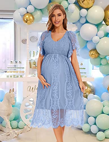 Lahilo Ruffle Sleeve V Neck Floral Lace Maternity Dress For Baby Shower/Photoshoot/Wedding/Party Blue #TOP1