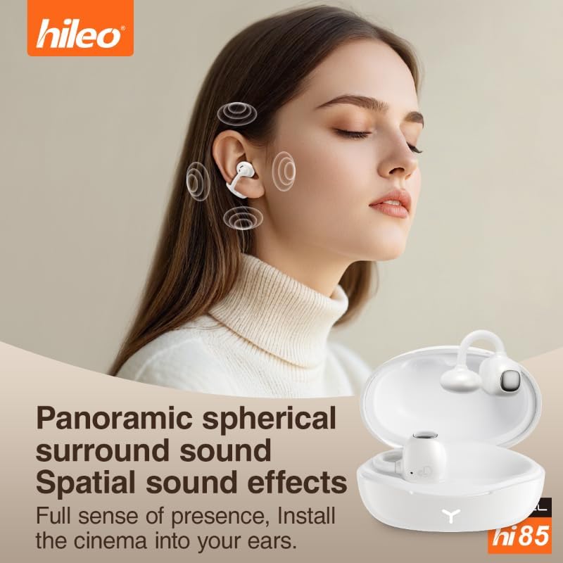 Hi85 Ear Clip Bluetooth Earphones with one to Two Physical Buttons, Waterproof AI Noise Reduction, Open and Transparent Gaming and Music Dual-Mode (White)