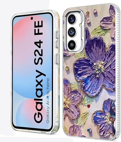 Image of Elzzi Compatible with Samsung S24 FE 5G Case Laser Flower Oil Painting Cute Colorful Blue Ray Bumper with Full Camera Protection Shockproof PC+TPU Glossy Shiny Cover for Girls Women, Purple