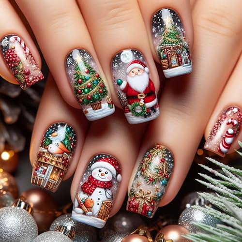 24 Pcs Christmas Press on Nails Medium Square...