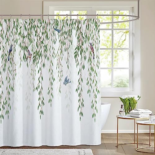 FLCSIed Eucalyptus Leaves Birds Shower Curtain for Bathroom Green Spring Botanical Plant Bathtub Decor Nature Waterproof Polyester Fabric Set including 12 Hooks 72x72 Inch (Green leaves with birds) - Image 2