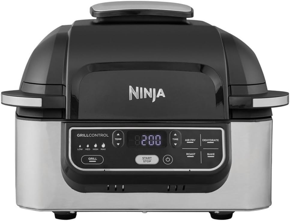 Ninja Foodi 5-In-1 Indoor Electric Countertop Grill With 4 Quart Air Fryer, Roast, Bake, Dehydrate and Cyclonic Grilling Technology, 1760 Watts, Silver, AG301ME, 2 Years Warranty