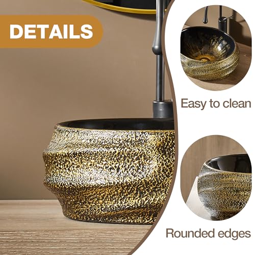 MEJE 45 x 40 x 16.5 cm Kunstwaschbecken, Oval, Reliefoberfläche, Vintage-Gold, Arbeitsplatte Waschbecken, Keramik (einschließlich Pop-up Abfluss)