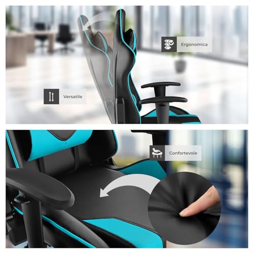 ® Sedia da Gaming per Gamer, Poltrona da Ufficio Ergonomica, Sedia Gaming con Braccioli Imbottiti, Doppie Rotelle Resistenti, Struttura Robusta, Regolabile, Portata fino a 120 kg - Nero/Azzurro - Sedia gaming - Immagine 7