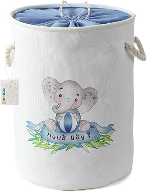 OYHOMO Kids Laundry Basket Large Foldable Fabric Storage Bin with Drawstring Lids Cute Animal Design Clothes Hamper for Toys Nursery Home Organizer, Blue Elephant