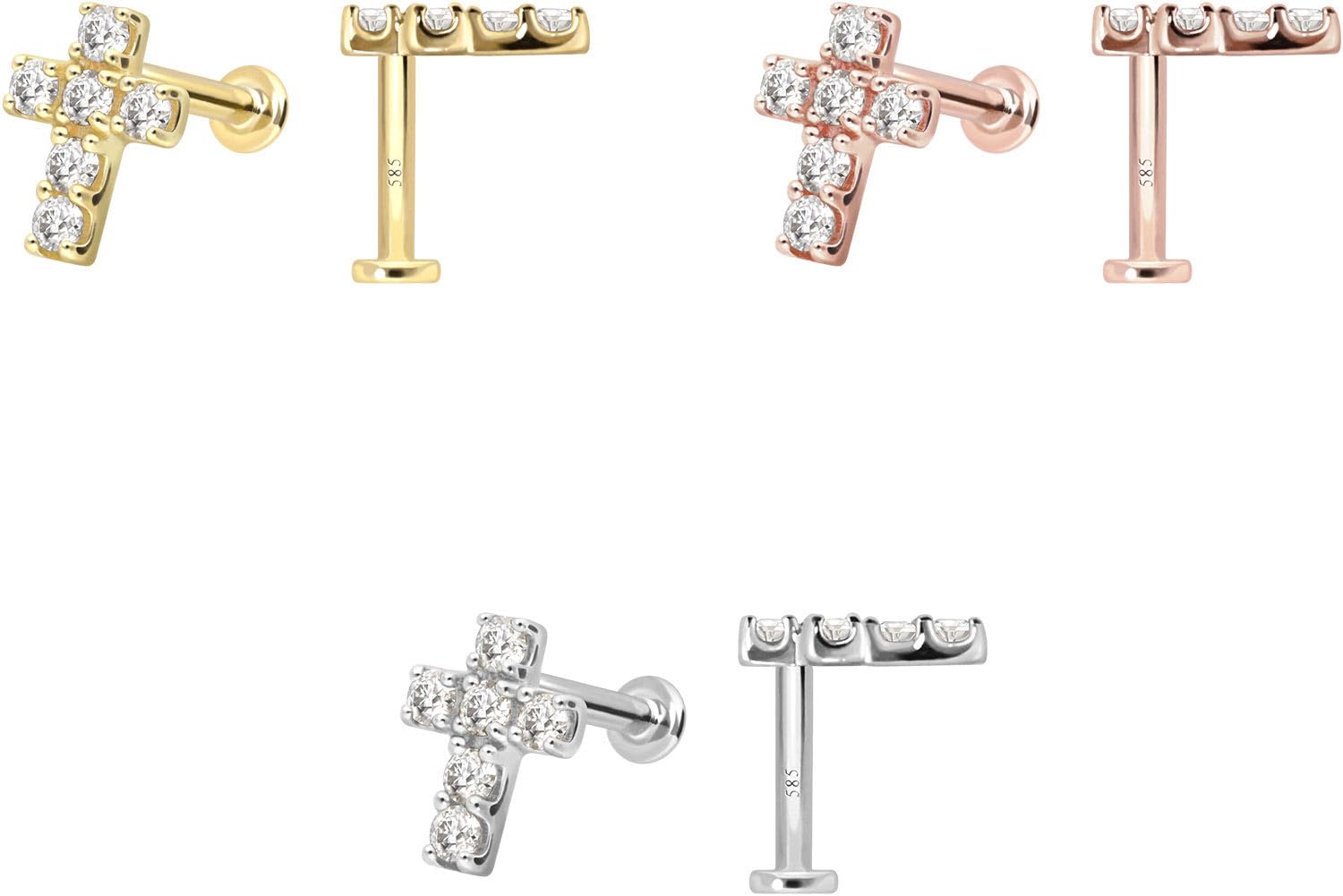 PIERCINGLINE Piercing Stecker 14 Gold Labret mit Innengewinde MOISSANIT-KREUZ 585er Gold - Roségoldfarben, Goldfarben, Silberfarben