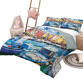 Italy Lightweight Microfiber Cover Set Bedding Sets Queen, Colorful Procida Island with Fishing