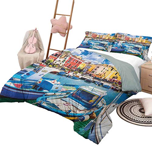 Italy Lightweight Microfiber Cover Set Bedding Sets Queen, Colorful Procida Island with Fishing