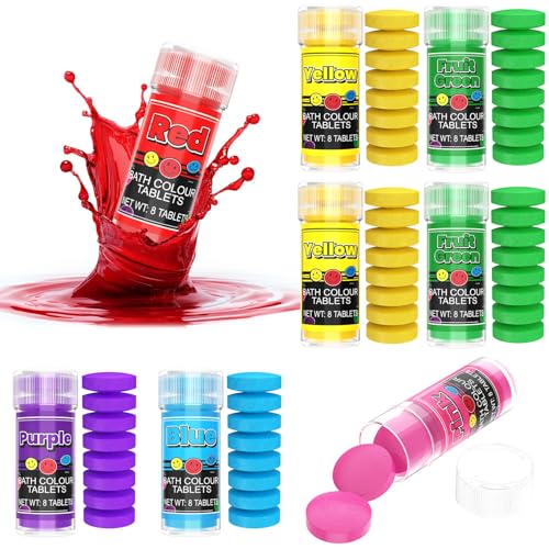 Bombas de Baño - 64 Pastillas de Baño Efervescentes con Color, Seguras y Sin Perfume, No Deja Manchas, Colorantes de Baño para Niños para Aprender A Reconocer Los Colores - 6 Colores