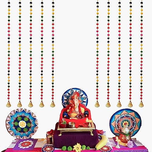 Image of DSCYENTES Pom Pom Door Side Hangings for Decoration, Ganesh Chaturti Decoration, Wall Hanging for Main Entrance,Temple Pooja Room, Stylish & Handmade Diwali Hanging (4 Feet, 10 Pc's)