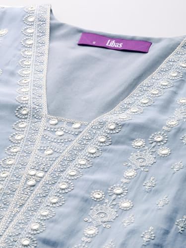 Image of Libas ART Embroidered Silk Blend A-Line Kurta With Trousers and Dupatta