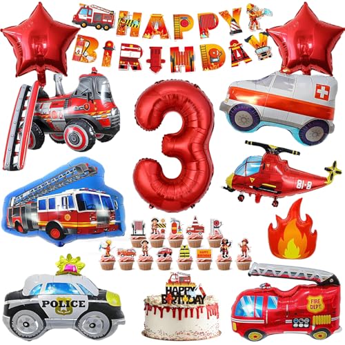 Decoração de aniversário tema bombeiros 3 anos, camião de bombeiros balão 3 ano aniversário, bombeiros decoração de aniversário infantil, menino camião de bombeiros balões de aniversário 3 anos